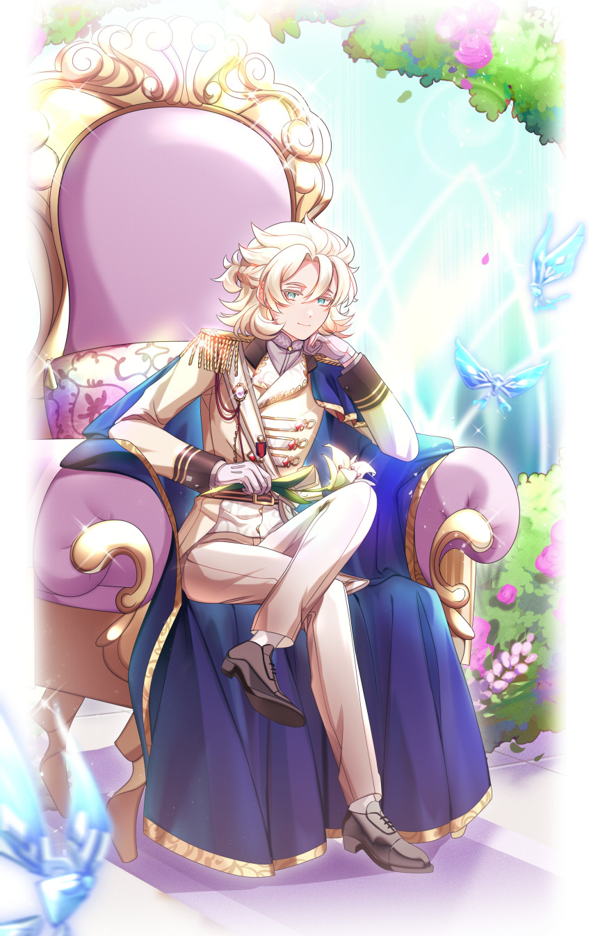 1boy, absurdres, albedo_(genshin_impact), aqua_eyes, arch, belt, belt_buckle, black_footwear