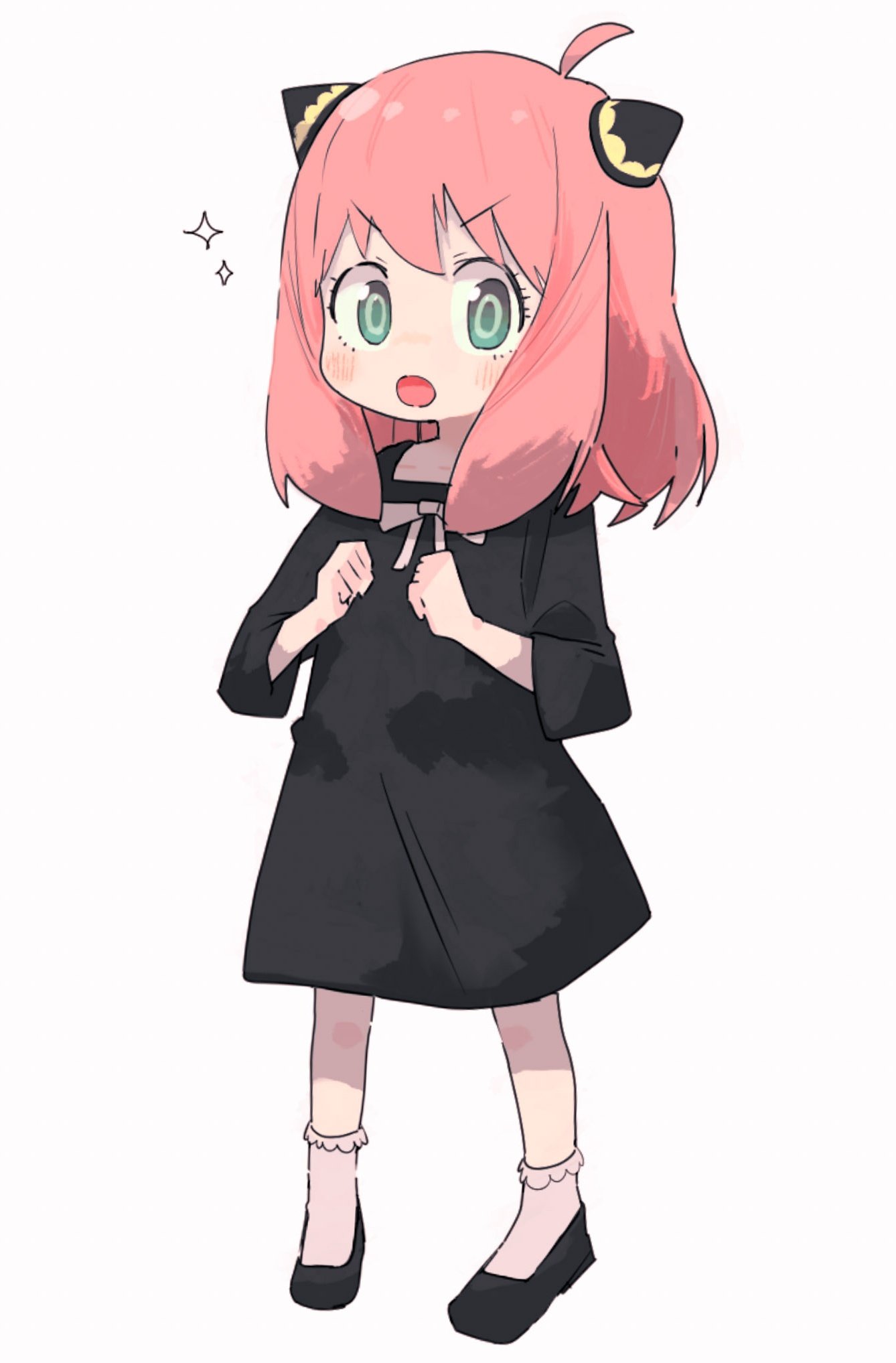 1girl, :o, anya_(spy_x_family), black_dress, blush, buttergirl_02, child, clenched_hands, dress, female_child, full_body, green_eyes, hairpods, highres, looking_at_viewer, medium_hair, open_mouth, pink_hair, simple_background, solo, spy_x_family, standing, v-shaped_eyebrows, white_background