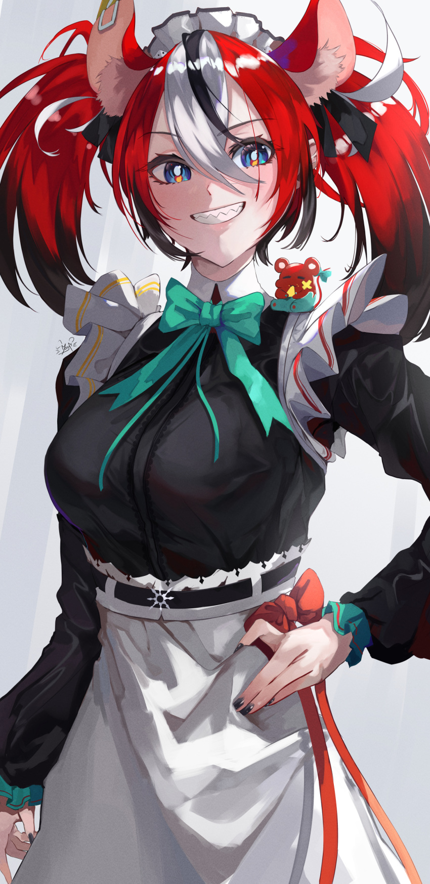 1girl, absurdres, alternate_costume, animal_ears, animal_on_shoulder, black_nails, blue_eyes, bow, breasts, enmaided, grin, hakos_baelz, hand_on_hip, highres, hololive, hololive_english, large_breasts, maid, maid_headdress, mouse_ears, mouse_tail, moyomo, mr._squeaks_(hakos_baelz), redhead, sharp_teeth, smile, tail, teeth, twintails, virtual_youtuber