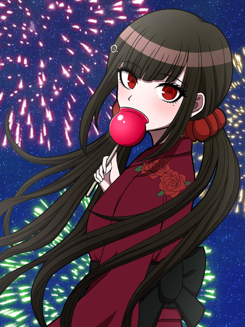 1girl, alternate_costume, bangs, black_bow, bow, brown_hair, candy_apple, commentary_request
