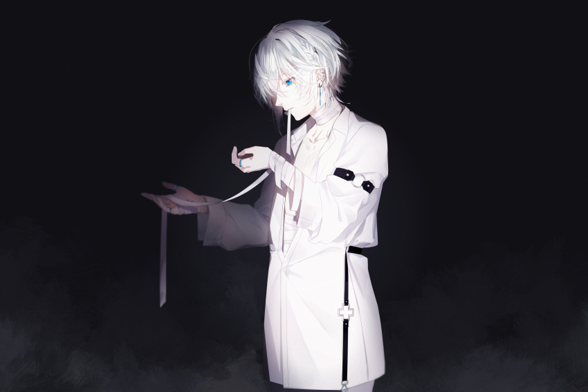 1boy, absurdres, bandaged_arm, bandages, black_background, blue_eyes, coat, ear_piercing