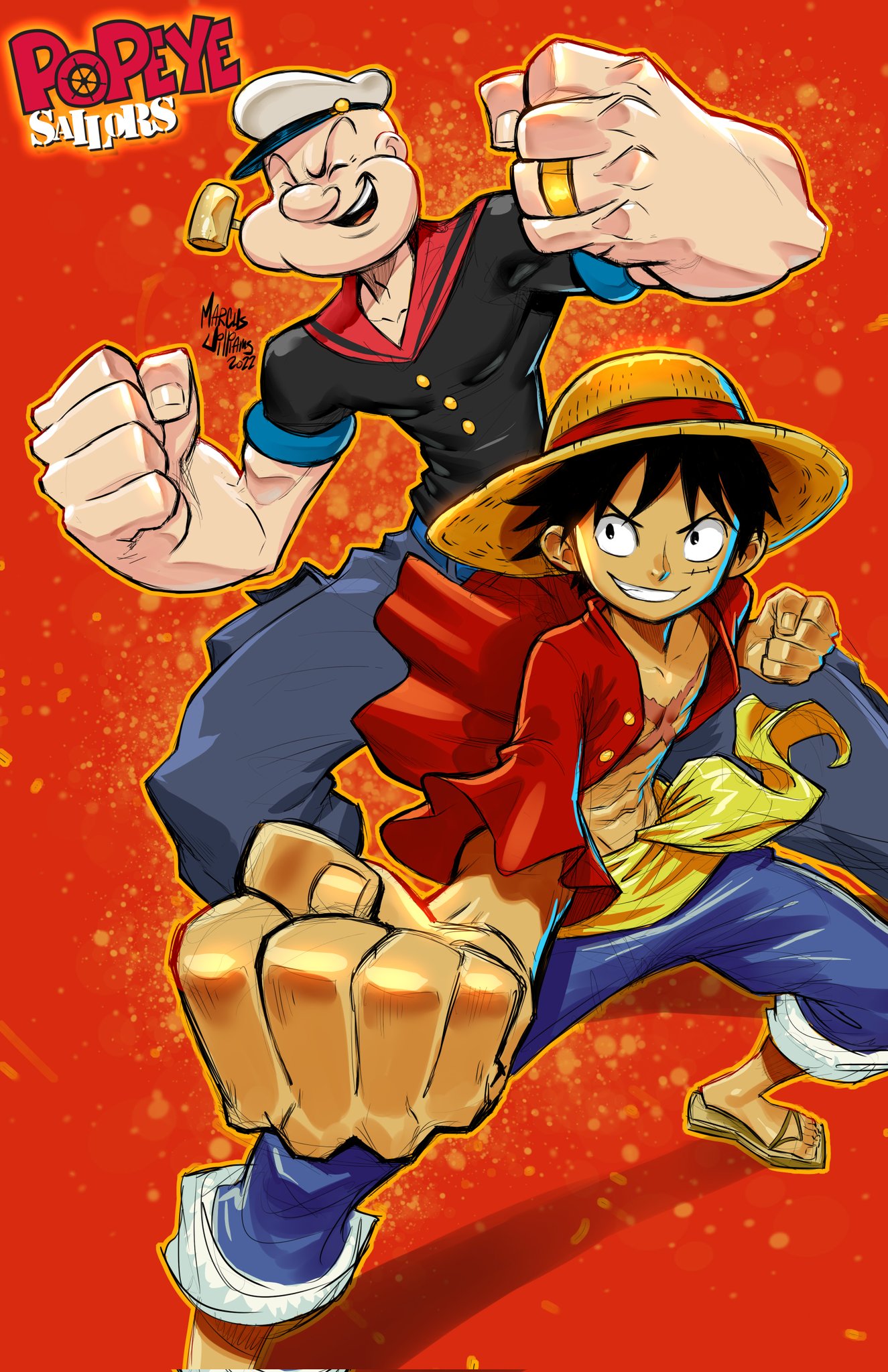 2boys, arm_up, artist_name, black_hair, broad_shoulders, burn_scar, buttons, clenched_hands