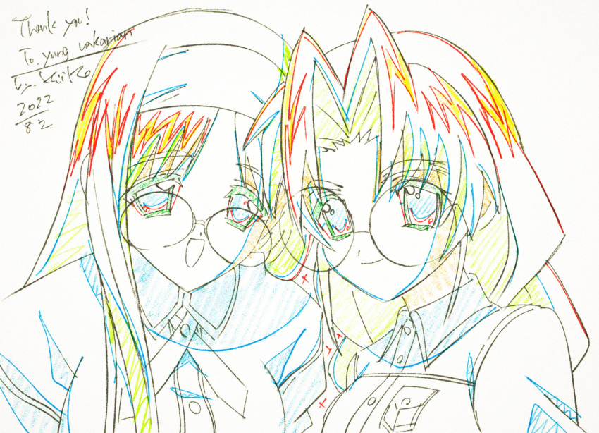 2girls, baldr_(series), baldr_force, braid, breasts, collared_shirt, color_trace, commission