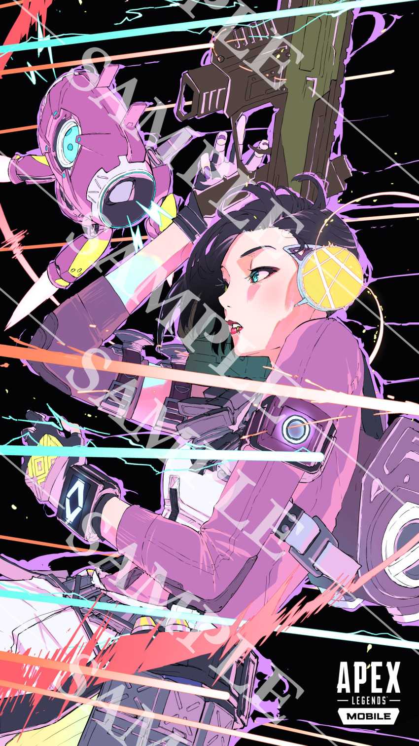 1girl, absurdres, apex_legends, black_background, blue_eyes, breasts, cable, d-101_longbow, green_eyes, gun, headphones, heterochromia, highres, holding, holding_gun, holding_weapon, jacket, lip_piercing, logo, medium_breasts, nico-tine, non-humanoid_robot, official_art, parted_lips, piercing, purple_jacket, rhapsody_(apex_legends), rifle, robot, rowdy_(apex_legends), sample_watermark, sniper_rifle, solo, weapon