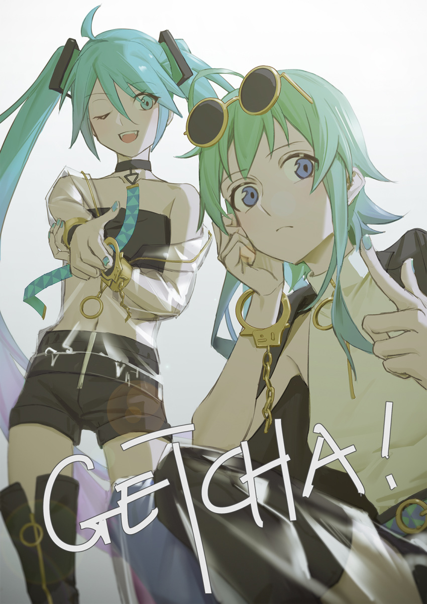 2girls, aqua_eyes, aqua_hair, aqua_nails, black_shorts, black_tube_top, blue_eyes, collarbone