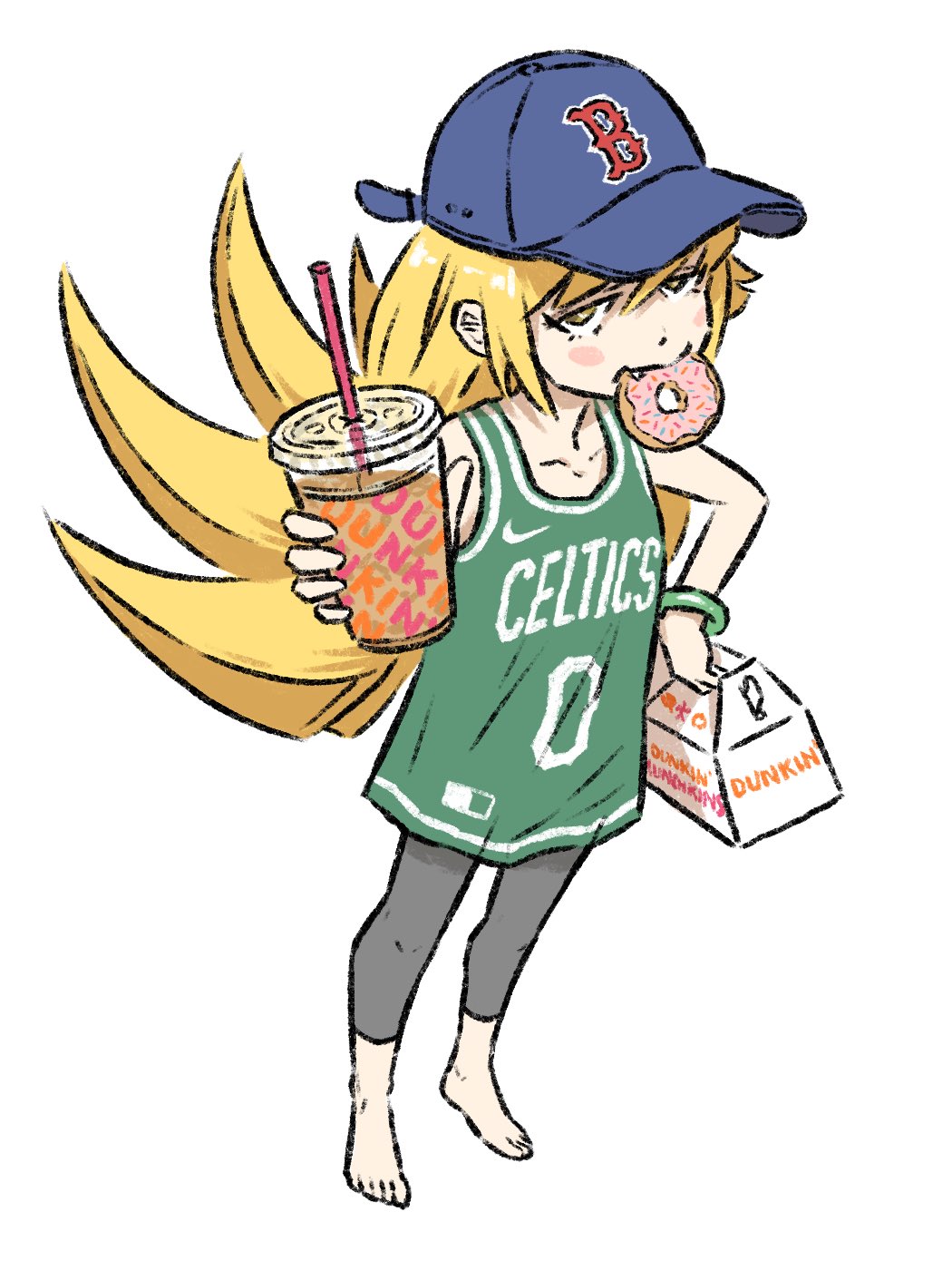 1girl, barefoot, baseball_cap, basketball_jersey, blonde_hair, blush_stickers, boston_celtics, boston_red_sox