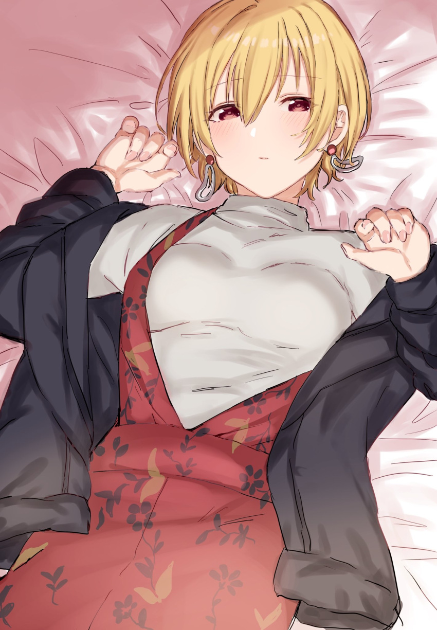 1girl, arms_up, blonde_hair, breasts, dress, earrings, floral_print, highres