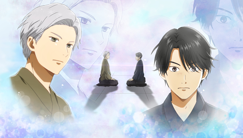 2boys, black_hair, black_hakama, brown_eyes, chihayafuru, eye_contact, grey_eyes, grey_hair, hakama, hands_on_own_legs, harada_hideo, highres, japanese_clothes, kimono, looking_at_another, male_focus, matatabi_(ygwkw8kh21n12mx3fdjb), multiple_boys, multiple_views, seiza, short_hair, sitting, wataya_hajime, younger, zoom_layer