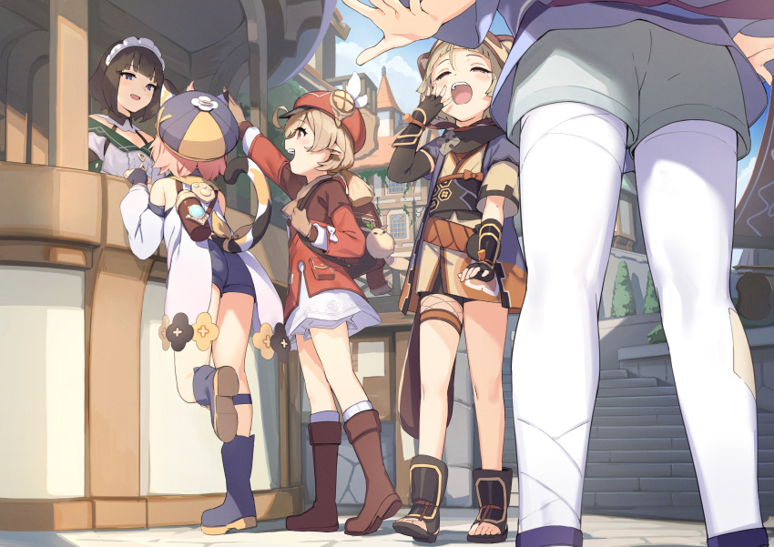 5girls, ahoge, animal_ears, animal_hood, arm_up, backpack, bag, bike_shorts, black_footwear, black_gloves, black_headwear, black_shorts, blonde_hair, bloomers, boots, brown_footwear, brown_gloves, brown_hair, building, cat_ears, cat_girl, cat_tail, closed_eyes, diona_(genshin_impact), dress, fake_animal_ears, feet, fingerless_gloves, genshin_impact, gloves, grey_hair, grey_shorts, hand_to_own_mouth, hat, highres, hood, japanese_clothes, kimono, klee_(genshin_impact), kneehighs, leg_up, maid_headdress, multiple_girls, open_mouth, outdoors, pantyhose, pink_hair, pointy_ears, purple_shirt, qiqi_(genshin_impact), red_dress, red_eyes, red_headwear, sakimiya_mafu, sayu_(genshin_impact), shirt, short_dress, short_hair, short_kimono, short_shorts, shorts, smile, socks, stairs, standing, standing_on_one_leg, tail, thighs, toeless_footwear, toes, twintails, underwear, white_bloomers, white_shirt, white_socks, yawning, yellow_kimono