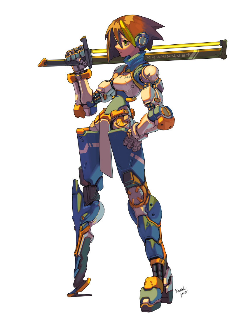1girl, absurdres, asymmetrical_limbs, brown_hair, cyberpunk, cyborg, full_body, green_hair
