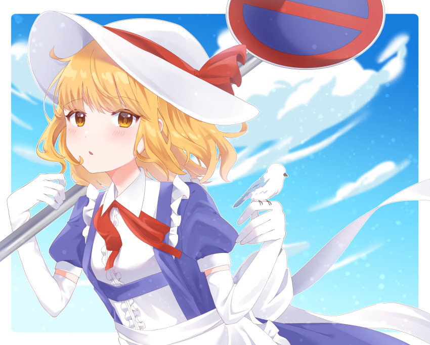 1girl, animal, bird, bird_on_hand, blonde_hair, blue_dress, blush, border