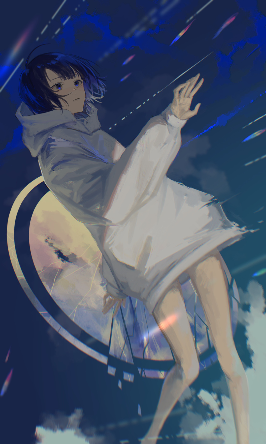 1girl, bangs, bare_legs, blue_background, blue_eyes, blue_hair, blunt_bangs, clouds