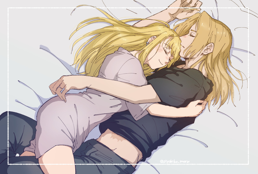 1boy, 1girl, arm_up, bed_sheet, black_shirt, blonde_hair, closed_eyes, closed_mouth, couple, dress, edward_elric, framed, fullmetal_alchemist, grey_dress, grey_pants, hair_down, hetero, highres, hug, jewelry, long_hair, lying, older, on_side, open_mouth, pants, piyohiko_moru, profile, ring, scar, shiny, shiny_hair, shirt, short_dress, short_sleeves, sketch, sleeping, smog, straight_hair, wedding_ring, winry_rockbell