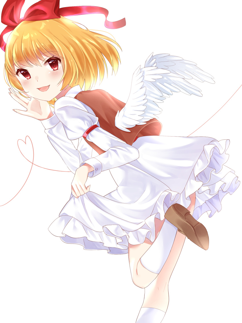 angel_wings, blonde_hair, blush, bow, brown_footwear, brown_vest, commentary_request, dress