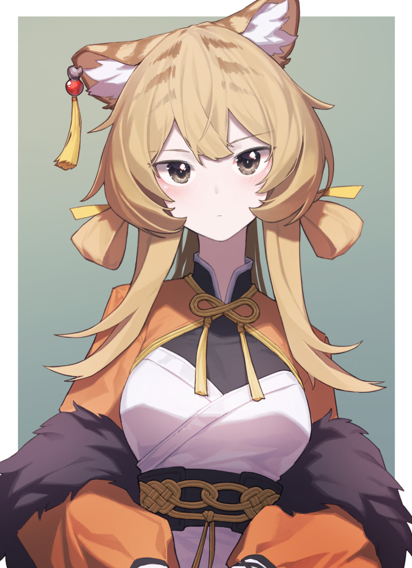 1girl, animal_ears, arknights, bangs, beudelb, blonde_hair, blush, border