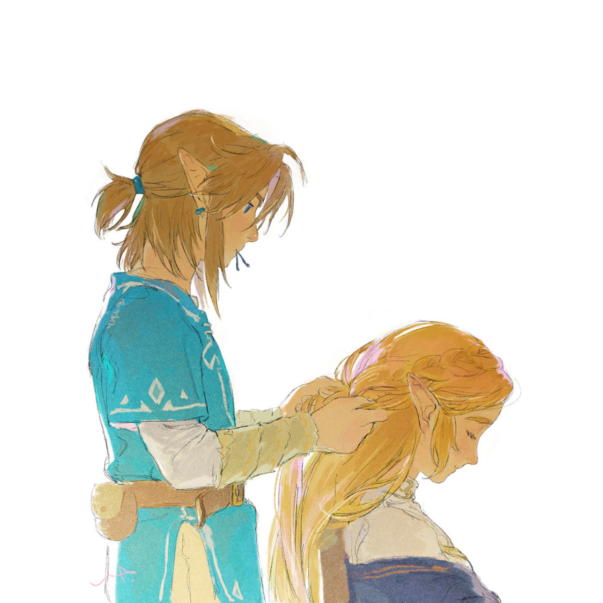 1boy, 1girl, bangs, belt, blonde_hair, blue_eyes, blue_tunic, braid
