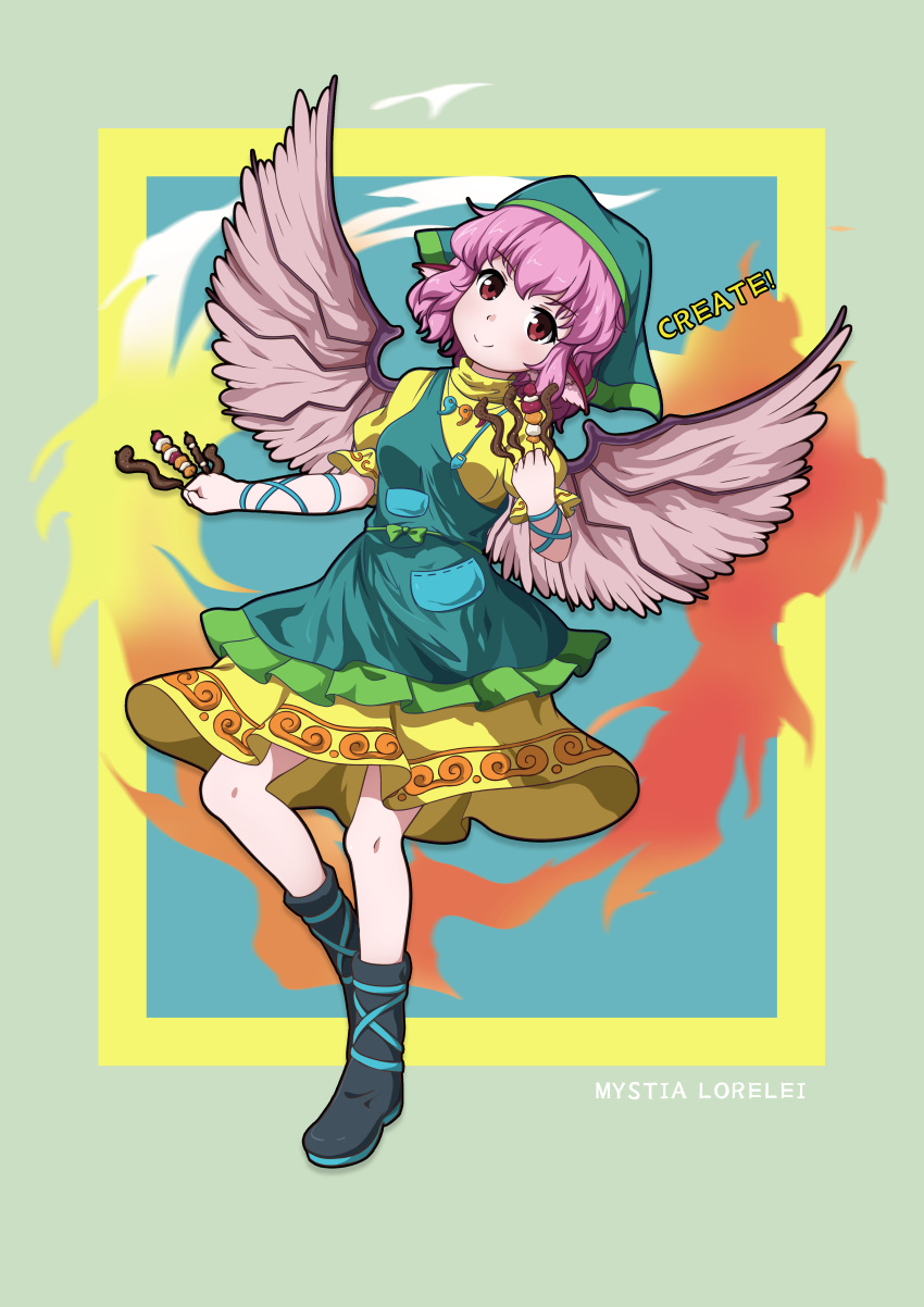 1girl, 51qu_de_yeying, absurdres, animal_ears, apron, bird_ears, bird_wings, black_footwear, blush, boots, closed_mouth, cosplay, dress, food, full_body, green_apron, hair_between_eyes, haniyasushin_keiki, haniyasushin_keiki_(cosplay), head_scarf, highres, holding, holding_food, knee_boots, mystia_lorelei, pink_hair, pink_wings, red_eyes, short_hair, short_sleeves, single_strap, smile, solo, touhou, wings, yellow_dress