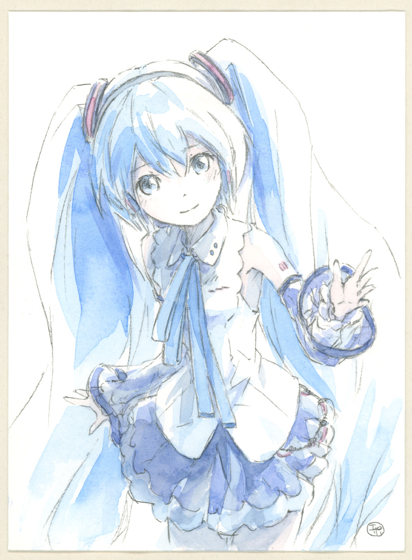 1girl, bare_shoulders, black_skirt, blue_eyes, blue_hair, blue_ribbon, commentary, cowboy_shot