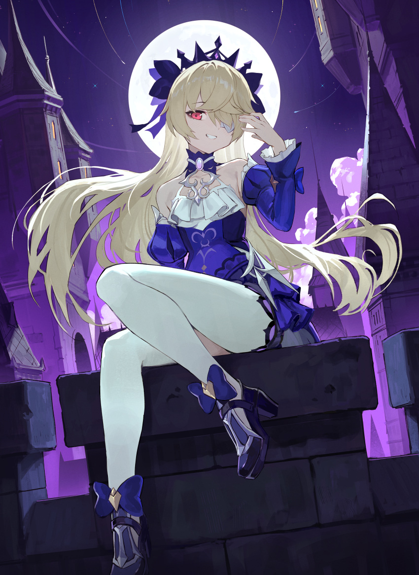 1girl, absurdres, bare_shoulders, blonde_hair, blue_bow, blue_sleeves, bow, castle