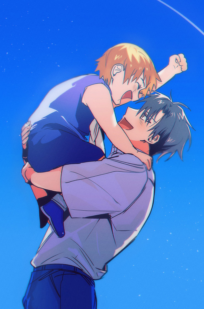 2boys, arm_up, black_hair, blonde_hair, blue_footwear, blue_shirt, blue_shorts, blush