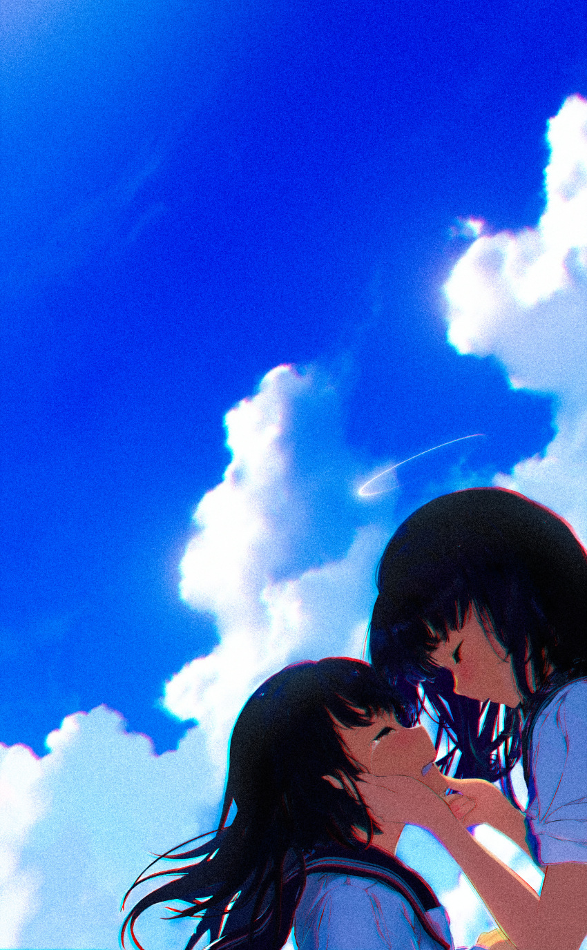 2girls, absurdres, bangs, black_hair, black_sailor_collar, blue_sky, chromatic_aberration, closed_eyes