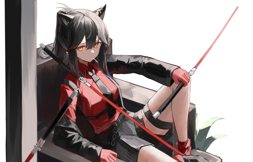 1girl, absurdres, animal_ears, arknights, armchair, black_hair, black_jacket, black_necktie, black_shorts, chair, collared_shirt, commentary, food, food_in_mouth, gloves, hair_between_eyes, highres, holding, holding_weapon, jacket, long_hair, long_sleeves, looking_at_viewer, necktie, official_alternate_costume, open_clothes, open_jacket, plant, pocky, ponytail, red_gloves, red_shirt, red_socks, shiro_wa_(shiroshironix), shirt, shorts, sidelocks, sitting, sleeves_past_wrists, socks, solo, striped, striped_shorts, sword, texas_(arknights), texas_(willpower)_(arknights), vertical-striped_shorts, vertical_stripes, weapon, wolf_ears, yellow_eyes