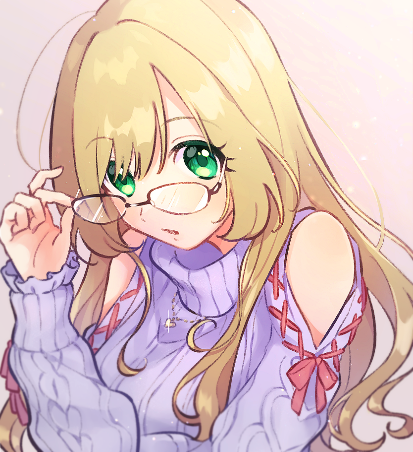 1girl, bangs, blonde_hair, blush, clothing_cutout, frilled_sleeves, frills, glasses