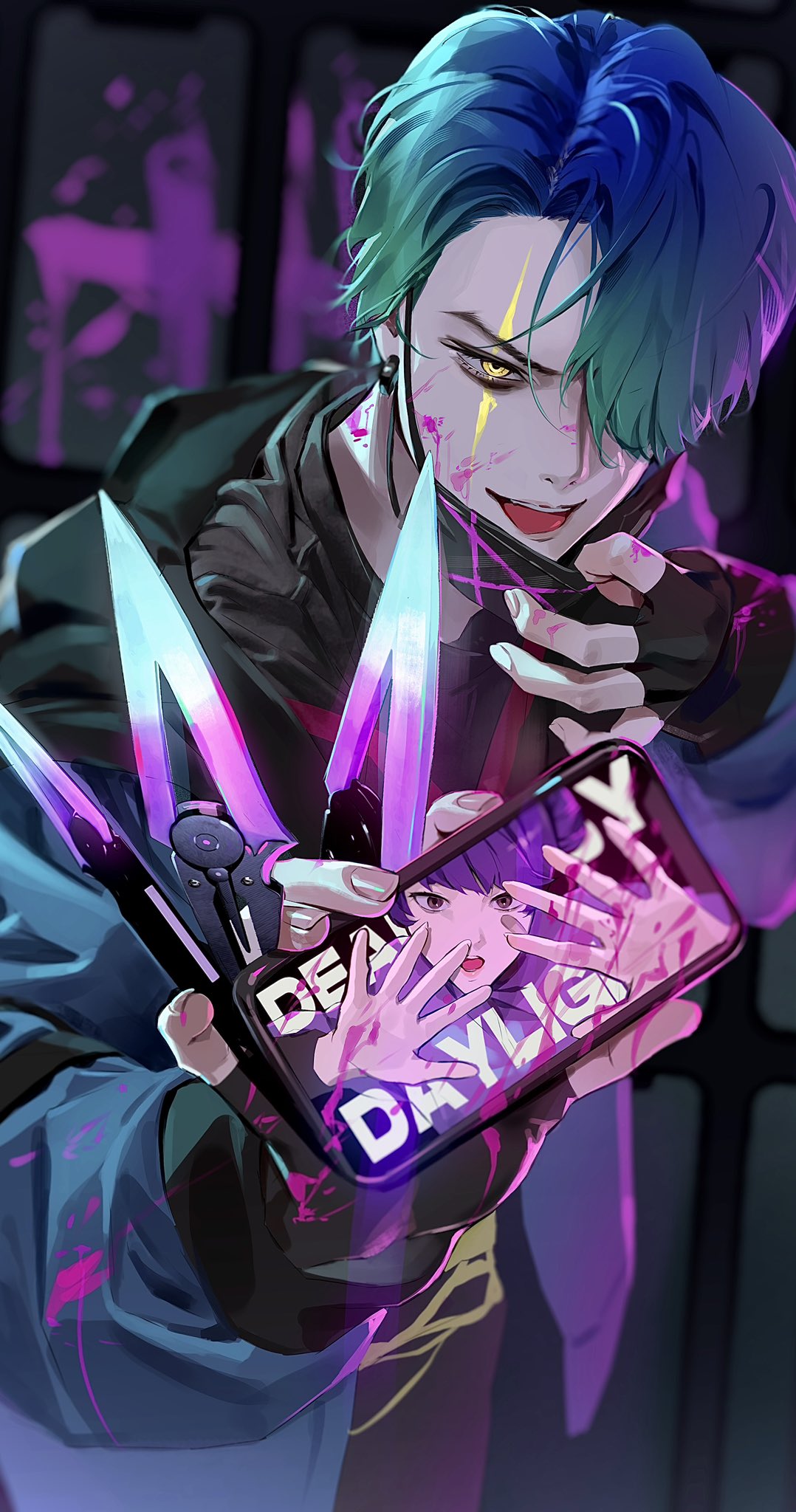 1boy, asymmetrical_bangs, bangs, black_gloves, black_mask, black_shirt, blue_hair, blurry