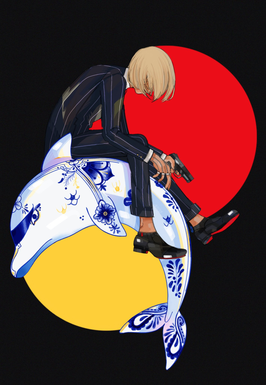 1boy, artist_name, black_background, black_footwear, black_jacket, black_pants, blonde_hair, bob_cut, circle, colored_shoe_soles, commentary, covered_face, depressed, dolphin, english_commentary, finger_on_trigger, formal, from_side, full_body, gun, hair_over_face, handgun, highres, holding, holding_gun, holding_weapon, hunter_x_hunter, jacket, jewelry, kurapika, long_sleeves, male_focus, pants, pimientosdulces, pottery, ring, shoes, short_hair, sitting, solo, suit, toy, weapon