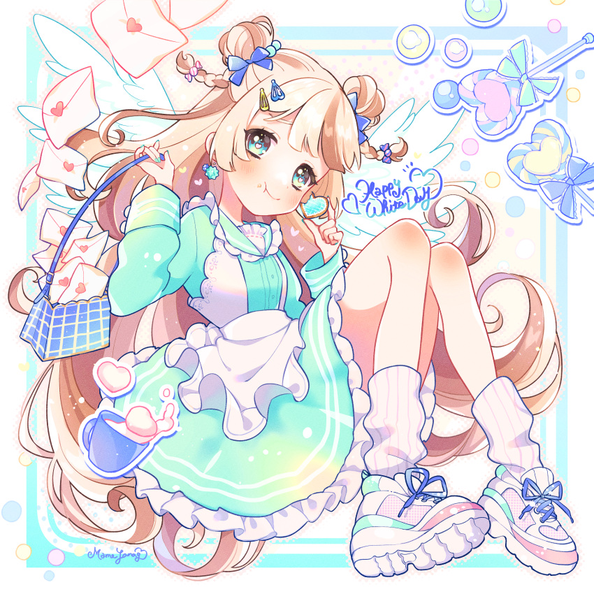 1girl, bag, bangs, blonde_hair, blue_eyes, blush, braid, brown_hair