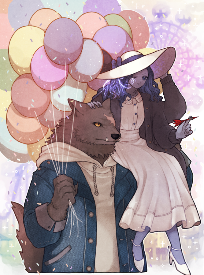 1boy, 1girl, alternate_costume, balloon, black_jacket, blaidd_the_half-wolf, blue_eyes, blue_hair