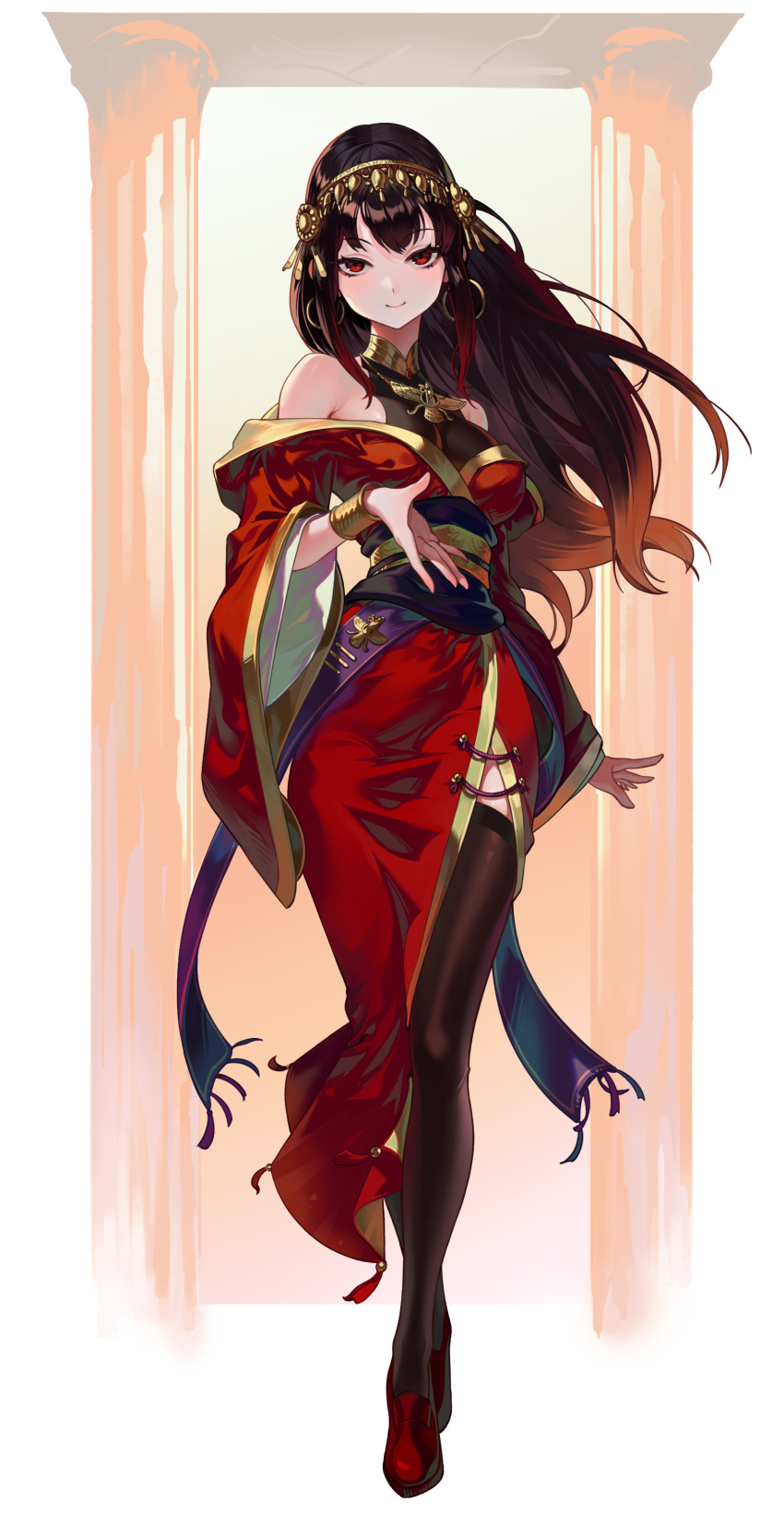 1girl, absurdres, bare_shoulders, black_hair, bracelet, breasts, brown_hair, china_dress