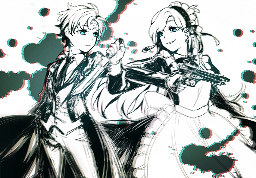 1boy, 1girl, aiming, akikurokawa, alternate_costume, apron, aqua_eyes, beads