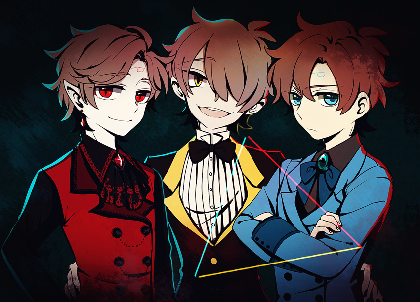 3boys, akikurokawa, ascot, bangs, black_ascot, black_background, black_bow, black_bowtie