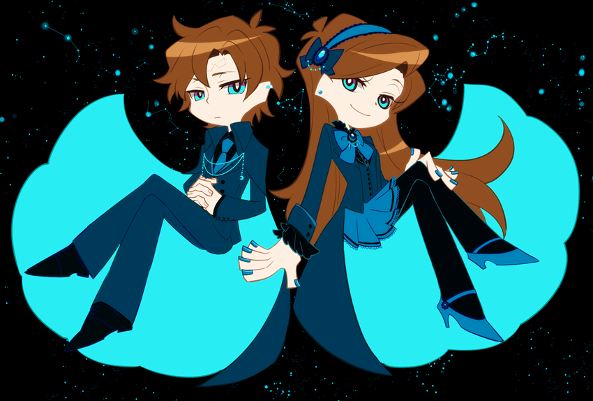 1boy, 1girl, akikurokawa, aqua_eyes, black_background, black_footwear, black_pantyhose, black_shirt, blue_bow, blue_bowtie, blue_footwear, blue_gemstone, blue_jacket, blue_nails, blue_necktie, blue_pants, blue_skirt, bow, bowtie, brooch, brother_and_sister, brown_hair, cape, chibi, constellation, crescent, crescent_pin, crossed_legs, dipper_gleeful, dipper_pines, earrings, eyelashes, facial_mark, floating, forehead_mark, frilled_shirt_collar, frilled_sleeves, frills, frown, full_body, gem, gravity_falls, hair_bow, hand_on_another's_knee, hands_on_own_stomach, high_heels, interlocked_fingers, invisible_chair, jacket, jewelry, long_hair, long_sleeves, mabel_gleeful, mabel_pines, miniskirt, necktie, own_hands_together, pants, panty_&amp;_stocking_with_garterbelt, pantyhose, parody, pleated_skirt, shirt, shoes, short_hair, siblings, sitting, skirt, smile, twins, two-sided_cape, two-sided_fabric, very_long_hair