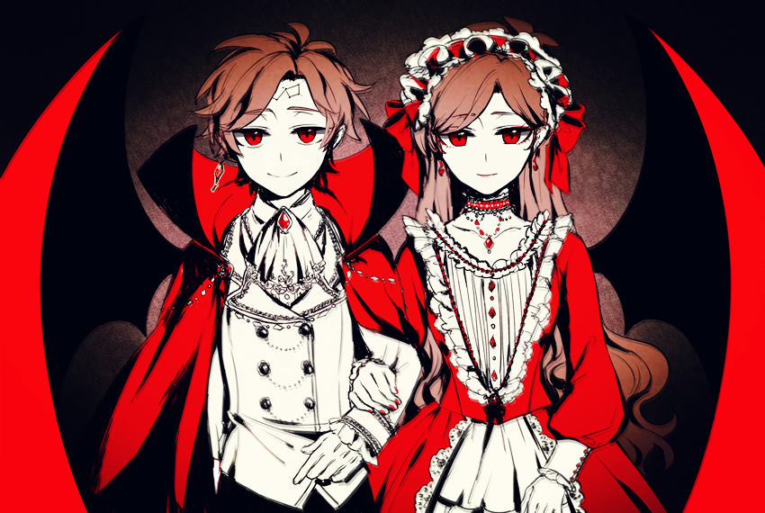 1boy, 1girl, akikurokawa, ascot, bonnet, brooch, brother_and_sister, brown_background