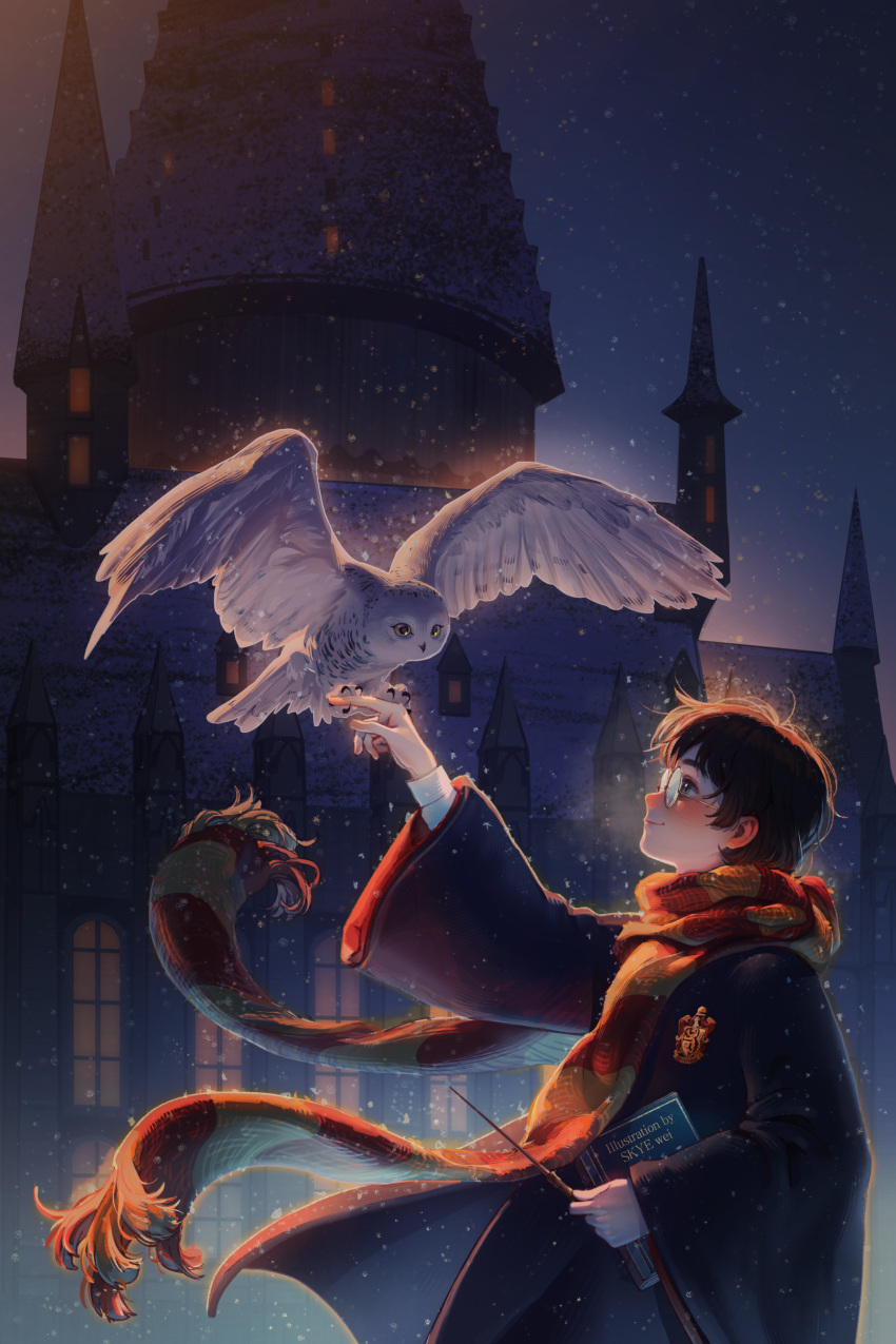 1boy, absurdres, animal, bangs, bird, bird_on_hand, black_coat, black_robe