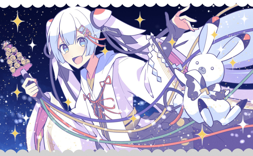 1girl, 1other, animal, bell, black_gloves, black_skirt, blue_eyes, commentary