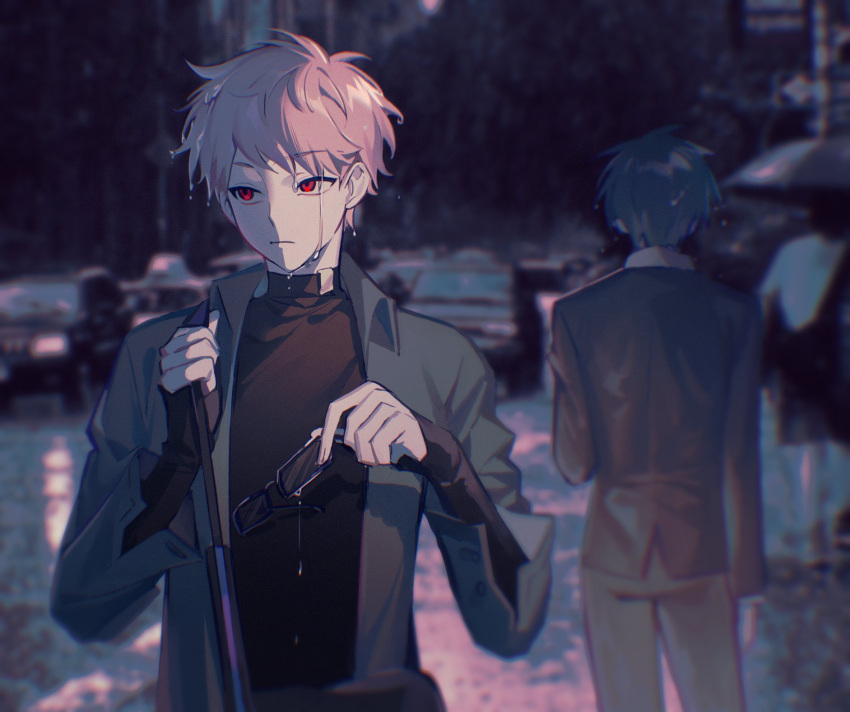 2boys, atou_haruki, black_sweater, chinese_commentary, closed_mouth, coat, commentary_request, film_grain, formal, green_hair, grey_coat, grey_jacket, grey_pants, highres, holding, holding_eyewear, jacket, long_sleeves, male_focus, multiple_boys, naku_(naku999ziye), night, open_clothes, open_coat, otowa_rui_(saibou_shinkyoku), outdoors, pants, pink_hair, red_eyes, saibou_shinkyoku, short_hair, spoilers, suit, sweater, turtleneck, turtleneck_sweater, water_drop