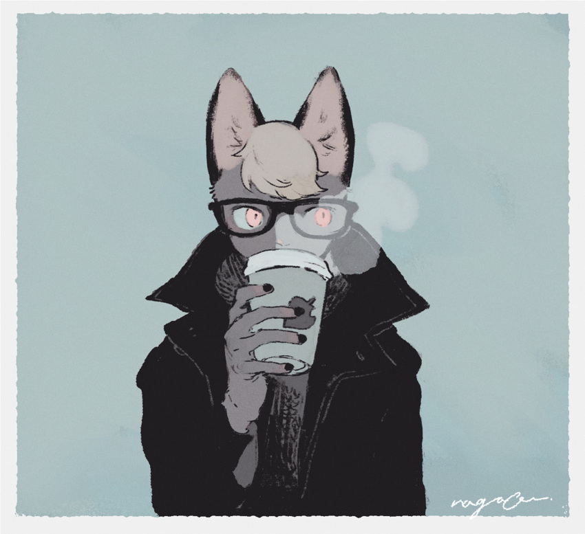 1boy, animal_crossing, animal_ears, black-framed_eyewear, black_coat, black_nails, blonde_hair, blue_background