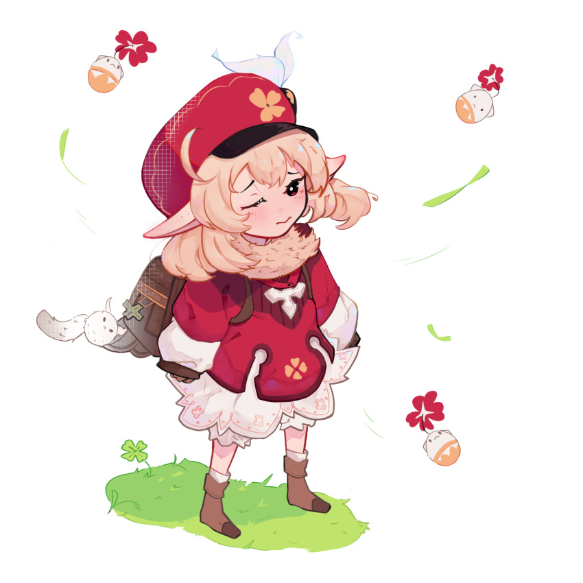 1girl, blonde_hair, blush, boots, dress, full_body, genshin_impact, hat