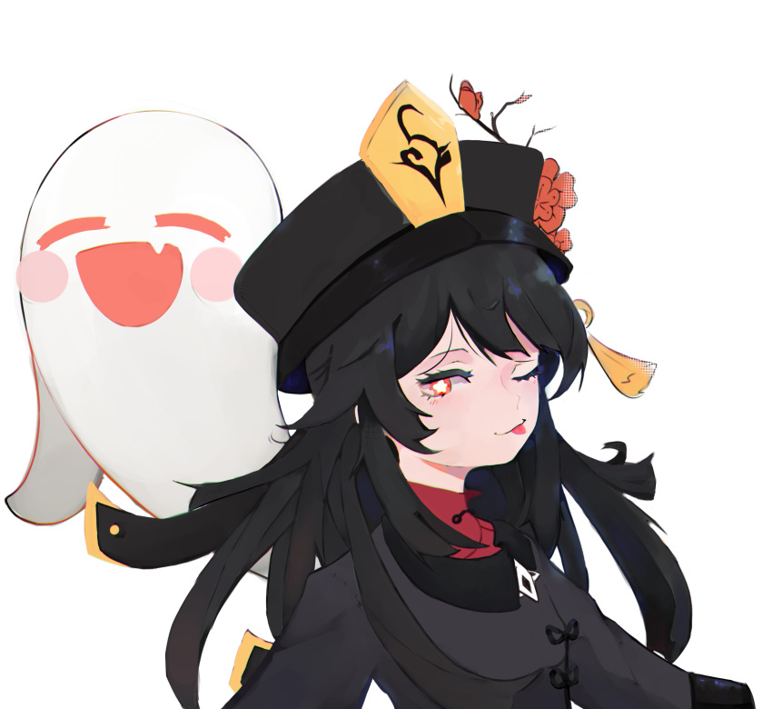 1girl, absurdres, black_hair, black_headwear, blush, breasts, genshin_impact, ghost