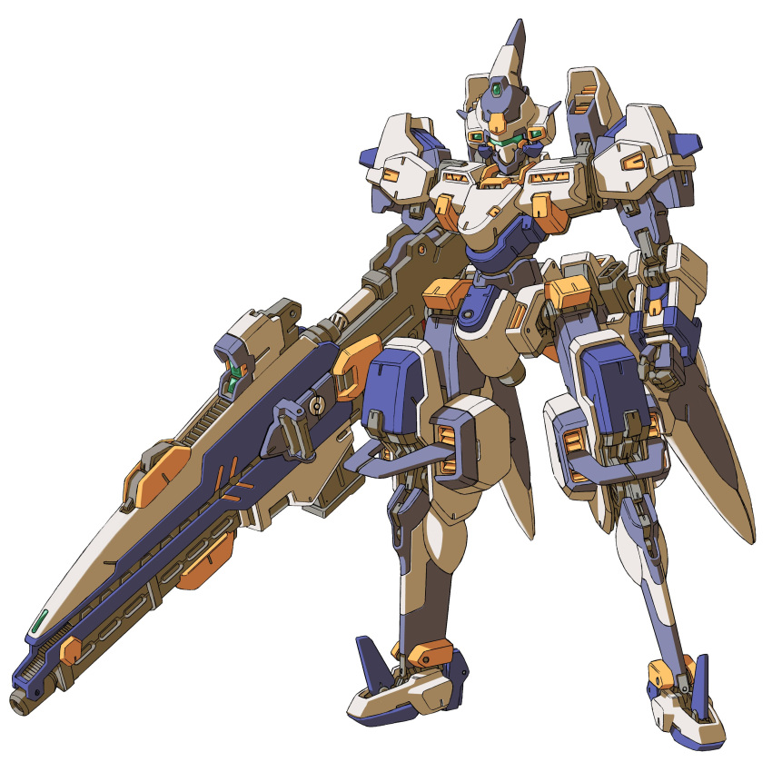 bellzelute, clenched_hand, full_body, head_tilt, highres, looking_at_viewer, mecha, no_humans, official_art, science_fiction, solo, super_robot_wars, super_robot_wars_judgement, super_robot_wars_og_moon_dwellers, super_robot_wars_original_generation, visor, white_background