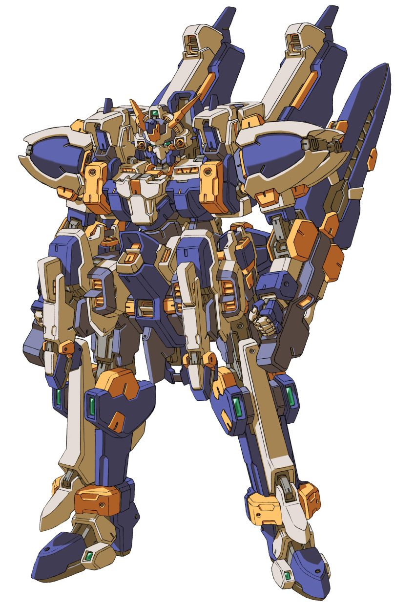 bellzelute_brigandy, clenched_hand, full_body, head_tilt, highres, looking_at_viewer, mecha, no_humans