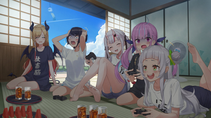 5girls, absurdres, ahoge, alternate_costume, bangs, barefoot, black_hair, black_ribbon