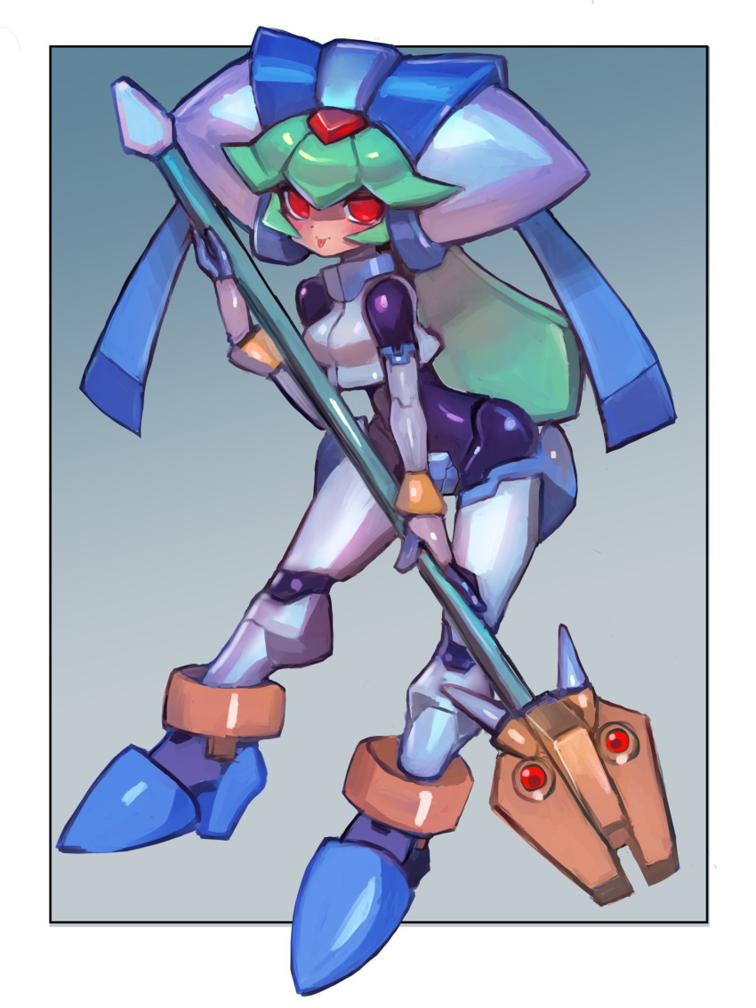 1girl, android, border, breasts, capcom, dakusuta, gradient, gradient_background