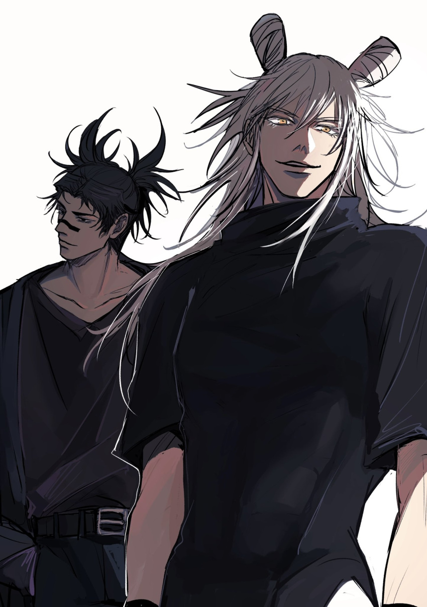 2boys, affectbitter, belt, black_hair, black_pants, black_shirt, choso_(jujutsu_kaisen), collarbone
