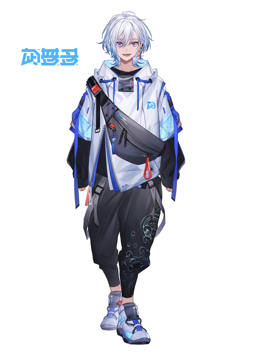 1boy, absurdres, black_pants, black_sweater, blue_eyes, blue_hair, earrings, fang