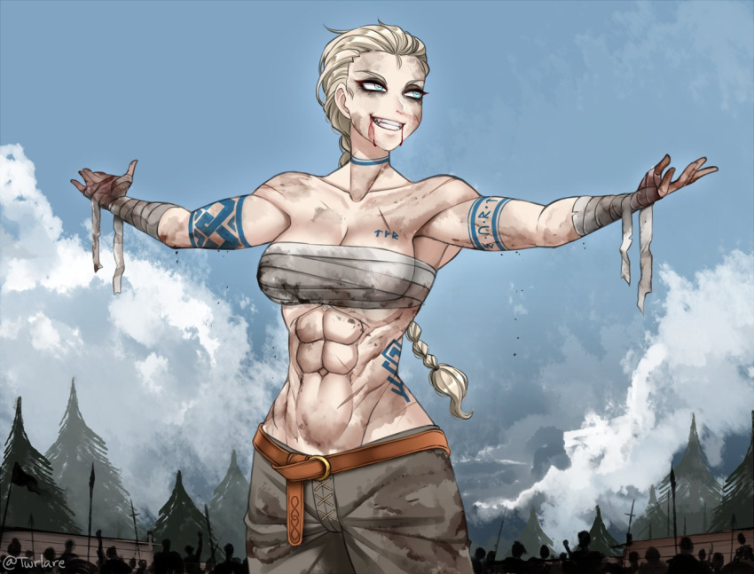 1girl, abs, arm_wrap, belt, blonde_hair, blood, blood_on_face, blue_eyes