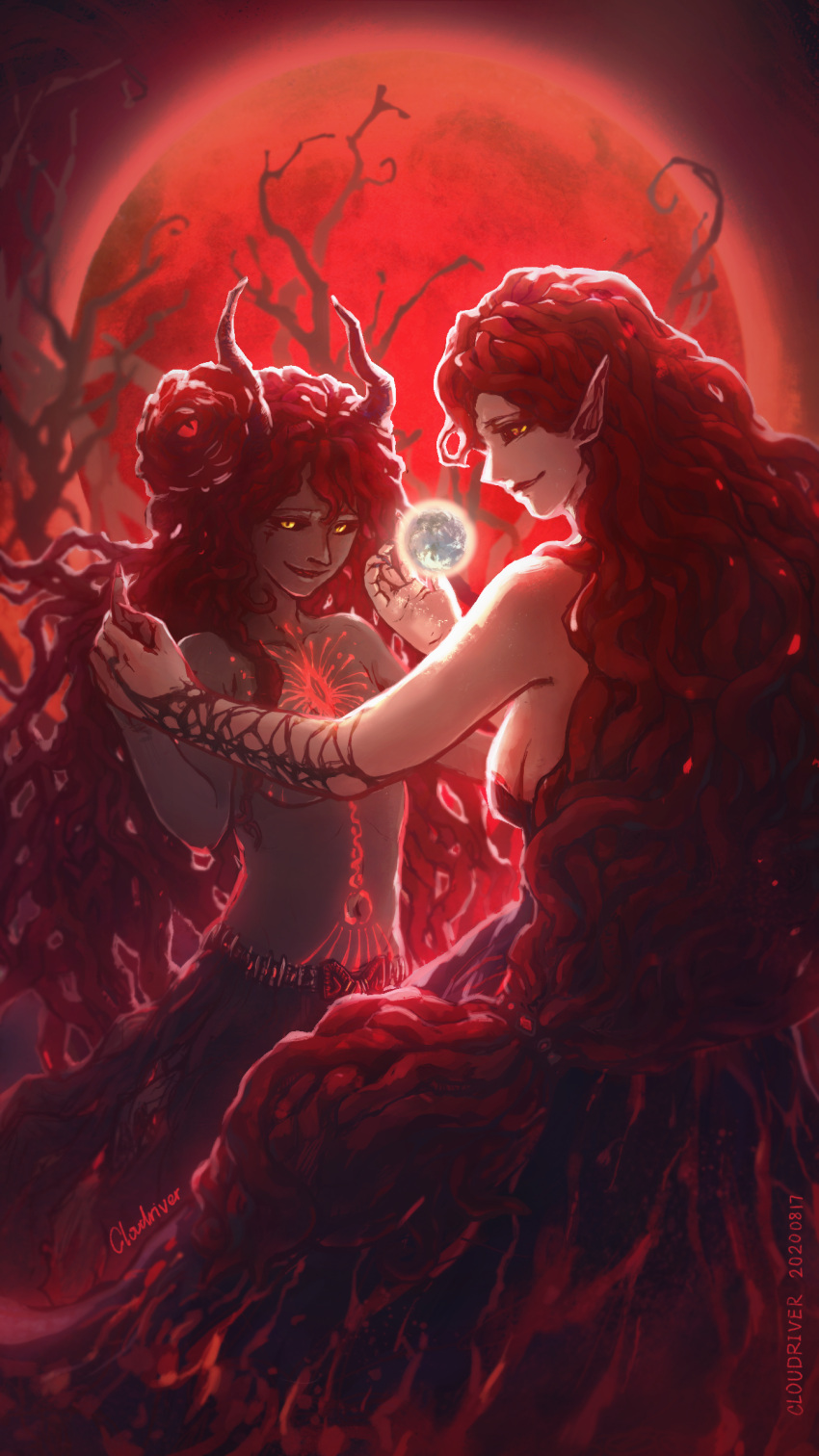 2girls, absurdres, bare_pectorals, bare_tree, black_sclera, branch, breasts, chinese_commentary